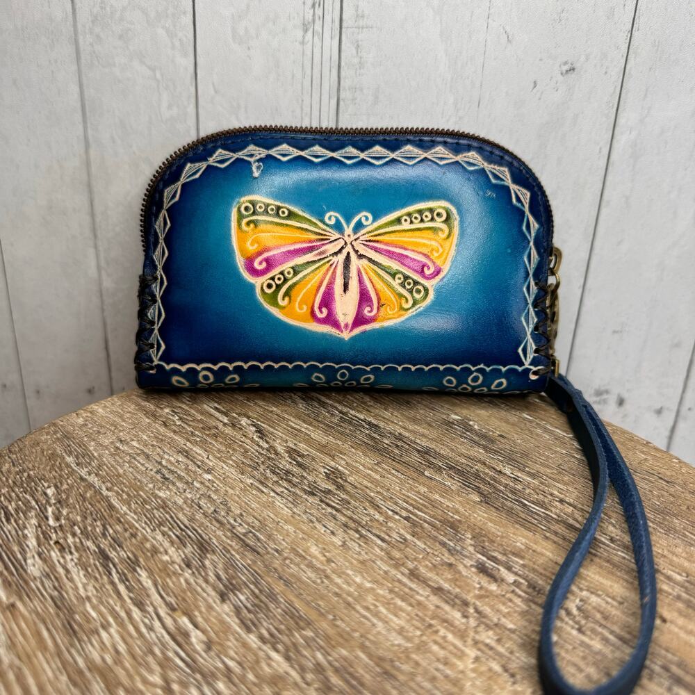 Genuine Leather Blue Butterfly Wristlet Wallet Leather Hand Painted Purse 5 x 4